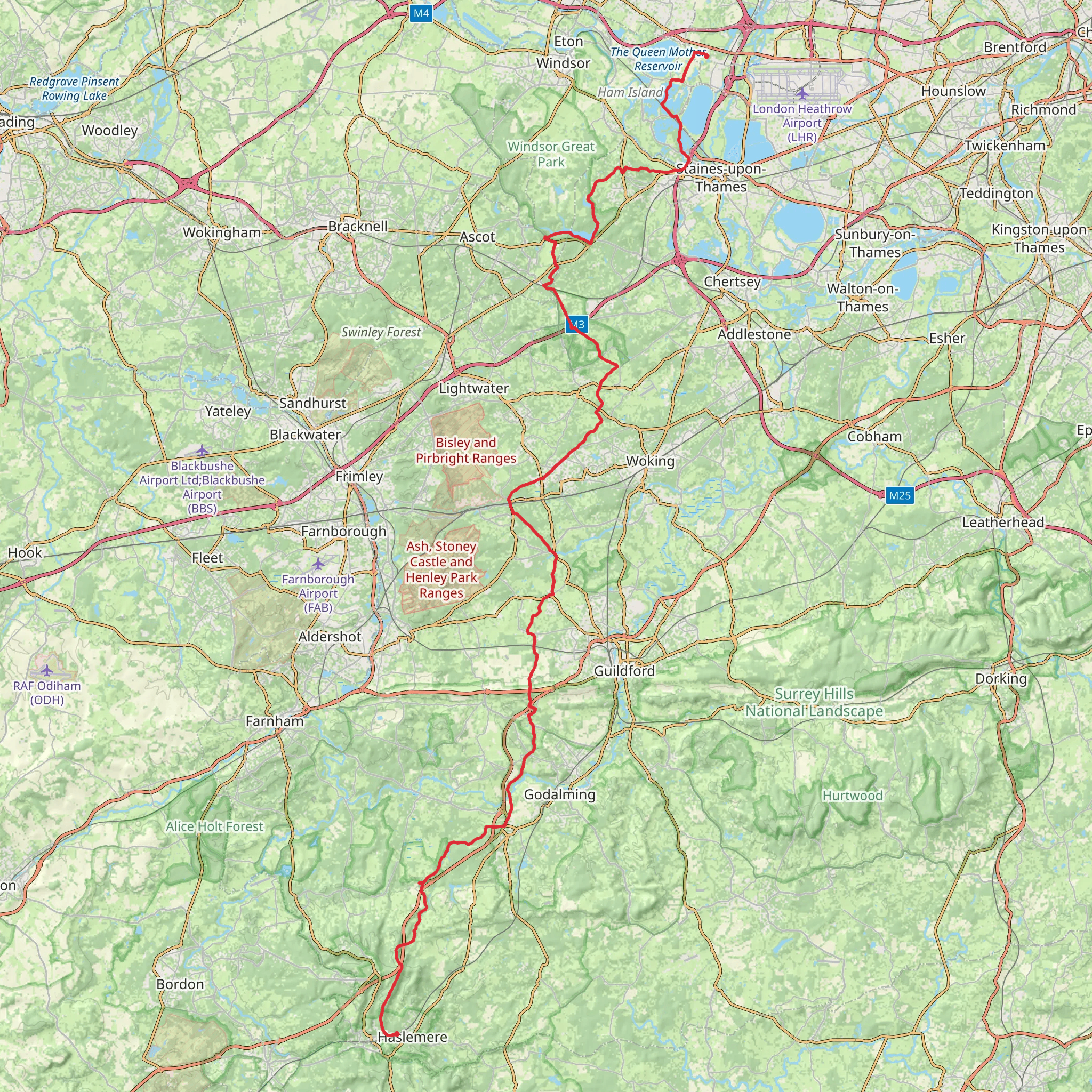 Colnbrook to Haslemere in Surrey mobile static map