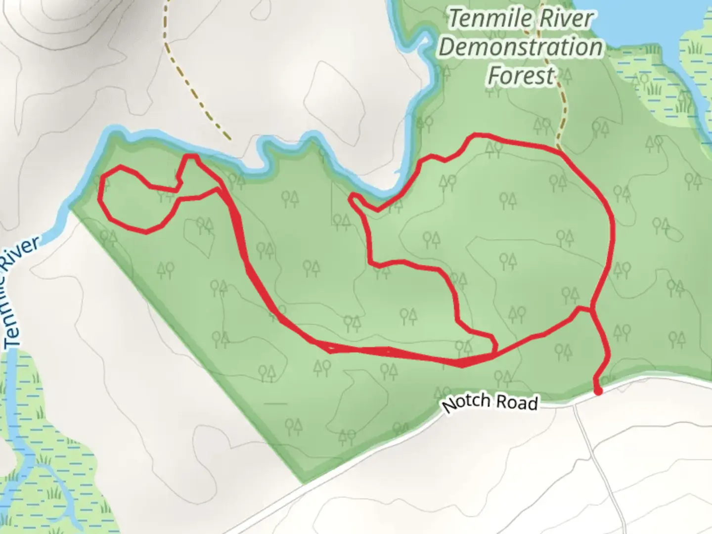 An image depicting the trail Tenmile River from Notch Road and its surrounding area.