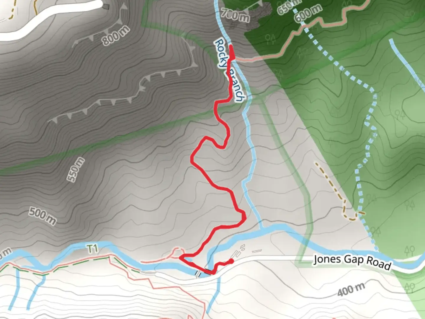 An image depicting the trail Rocky Branch via Hospital Rock Trail and its surrounding area.