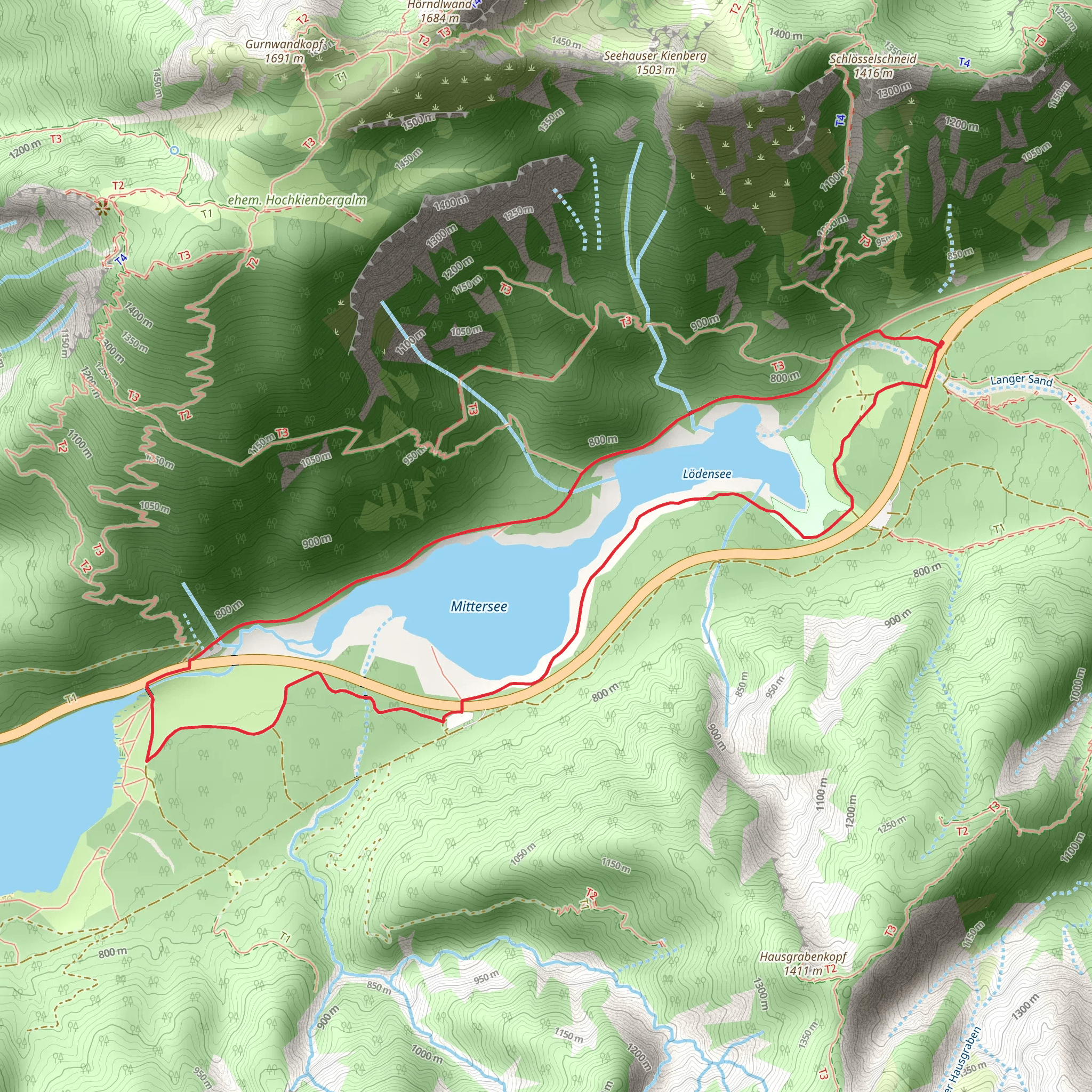 Loedensee, Mittersee and Weitsee via Wanderweg mobile static map
