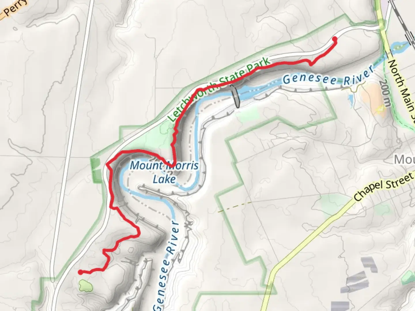An image depicting the trail Mount Morris Lake and Highbanks Trail and its surrounding area.
