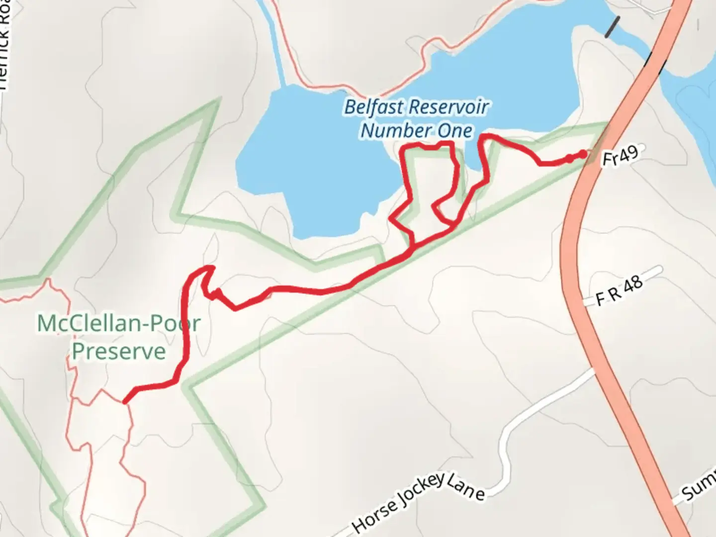 An image depicting the trail Belfast Reservoir Number One and its surrounding area.