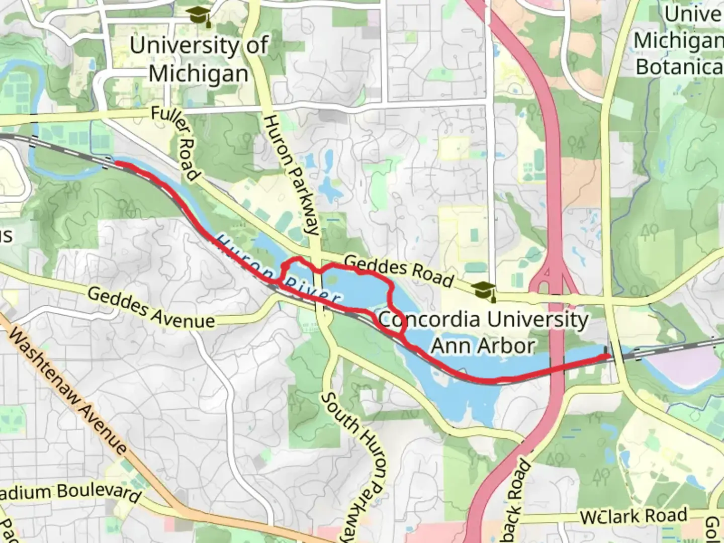 An image depicting the trail Gallup Park and Furstenberg Nature Area Loop and its surrounding area.