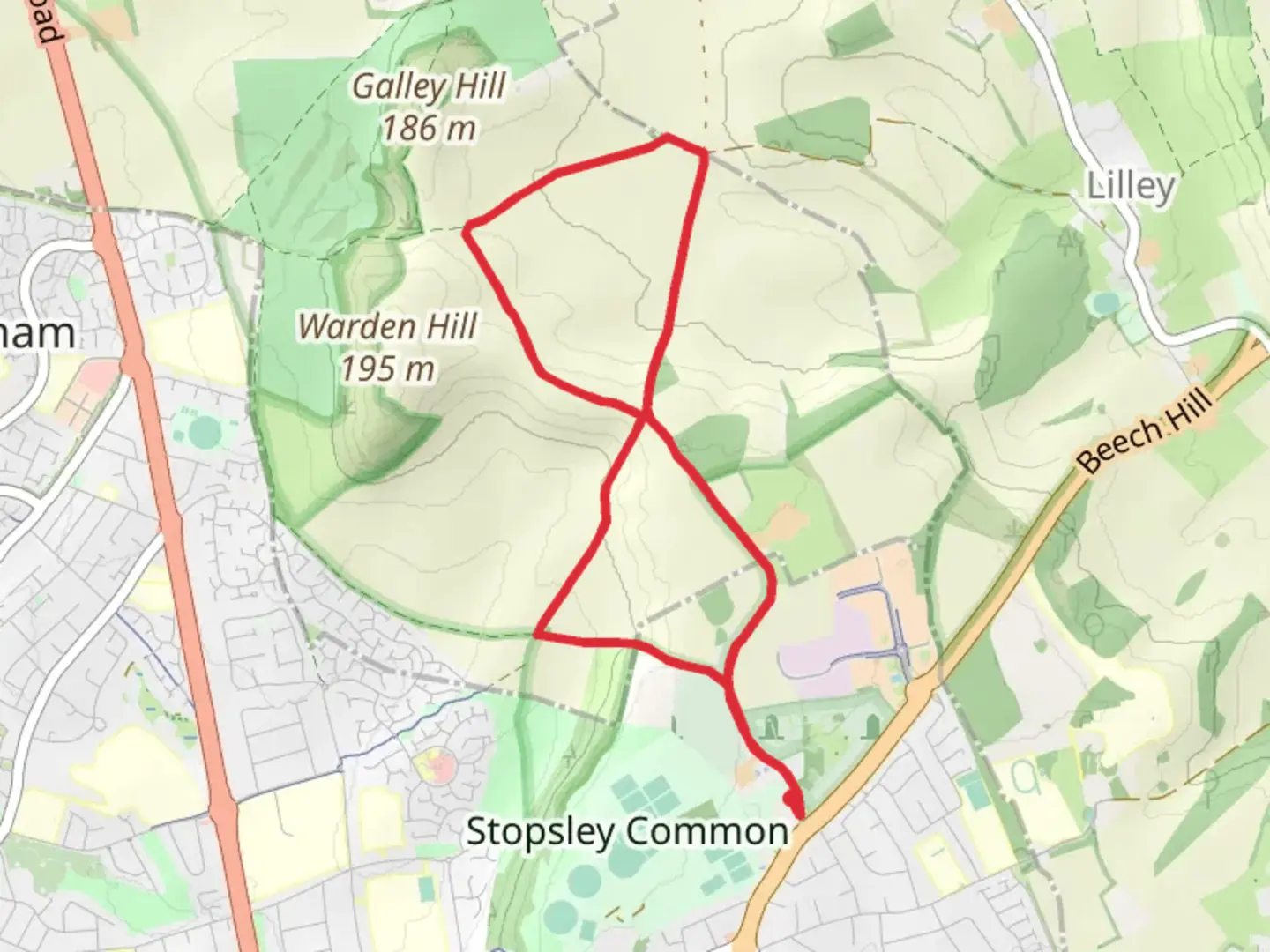 An image depicting the trail Whitehill Wood via Chiltern Way and John Bunyan Trail and its surrounding area.
