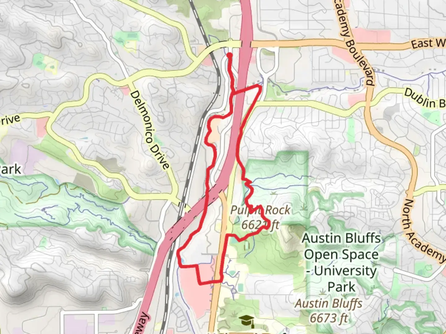 An image depicting the trail Cottonwood Trail and Pikes Peak Greenway and Pulpet Rock Urban Trail Loop and its surrounding area.