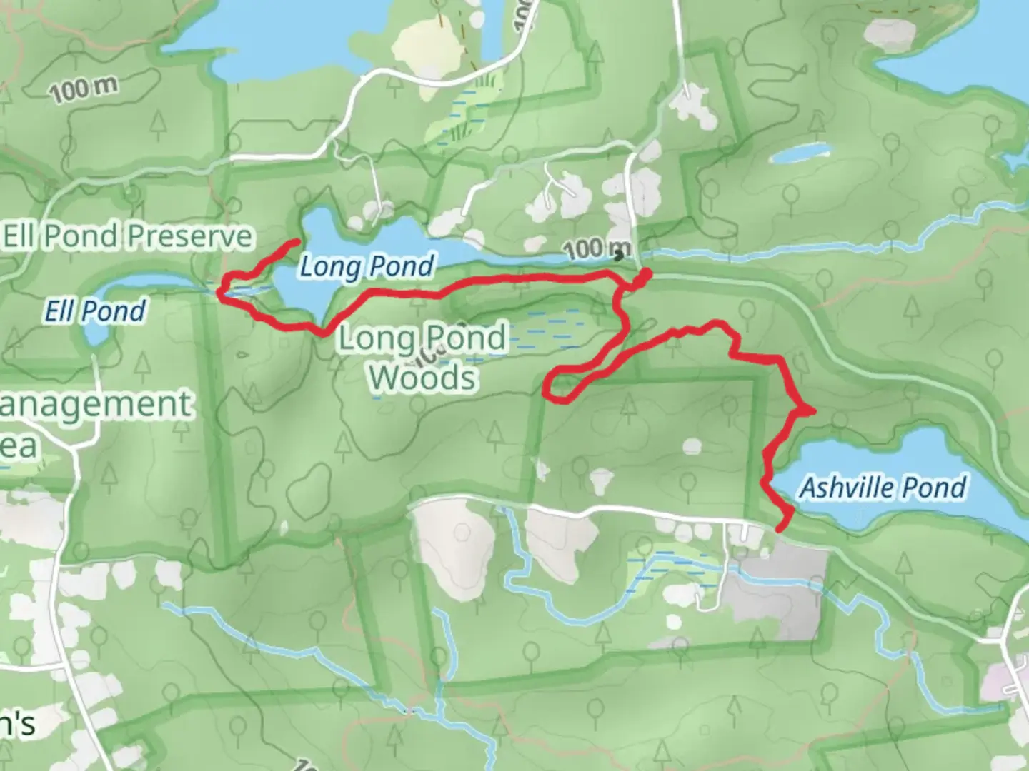 An image depicting the trail Long Pond and Ashville Pond Trail and its surrounding area.