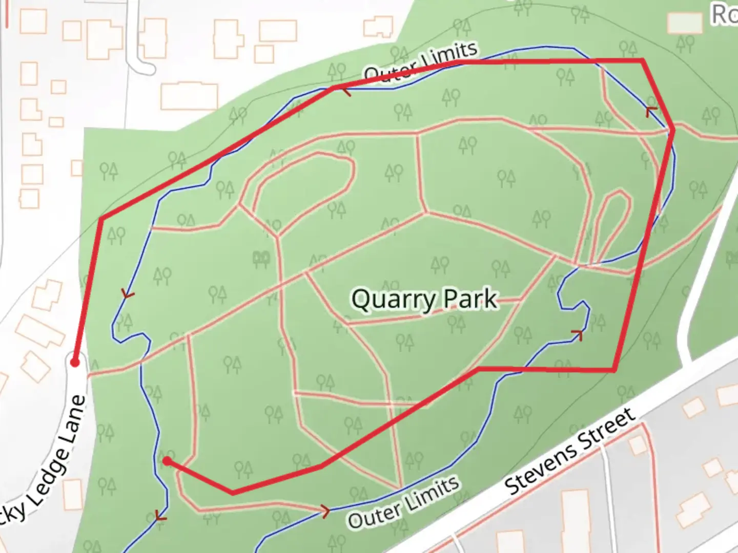 An image depicting the trail Quarry Park Loop and its surrounding area.