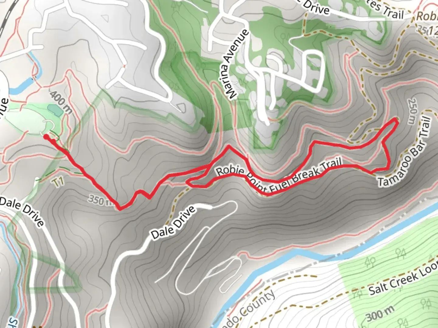 An image depicting the trail Robie Point Fuel Break Trail and Contour Trail Loop and its surrounding area.