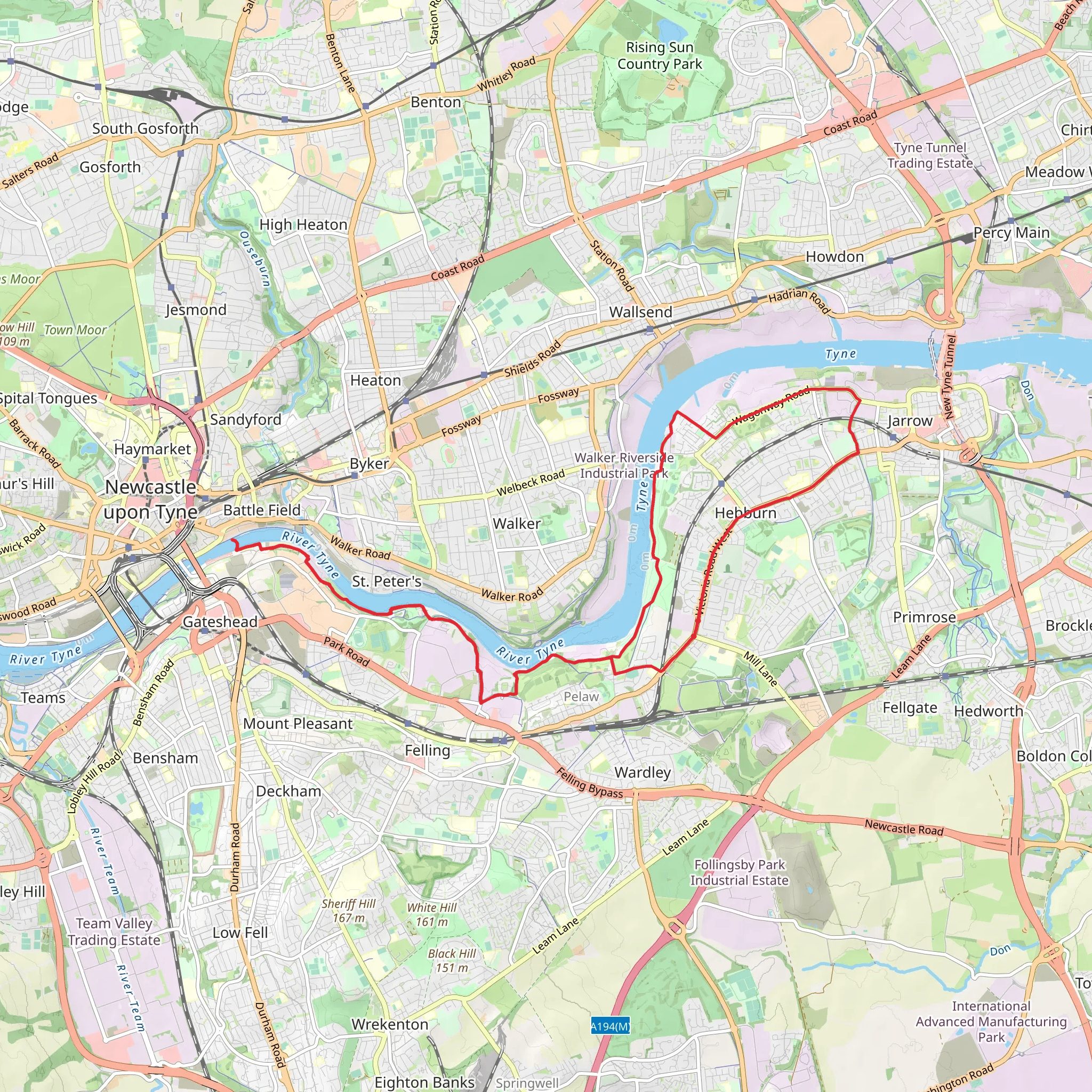 Hebburn, River Tyne and Gateshead Millennium Bridge Loop mobile static map