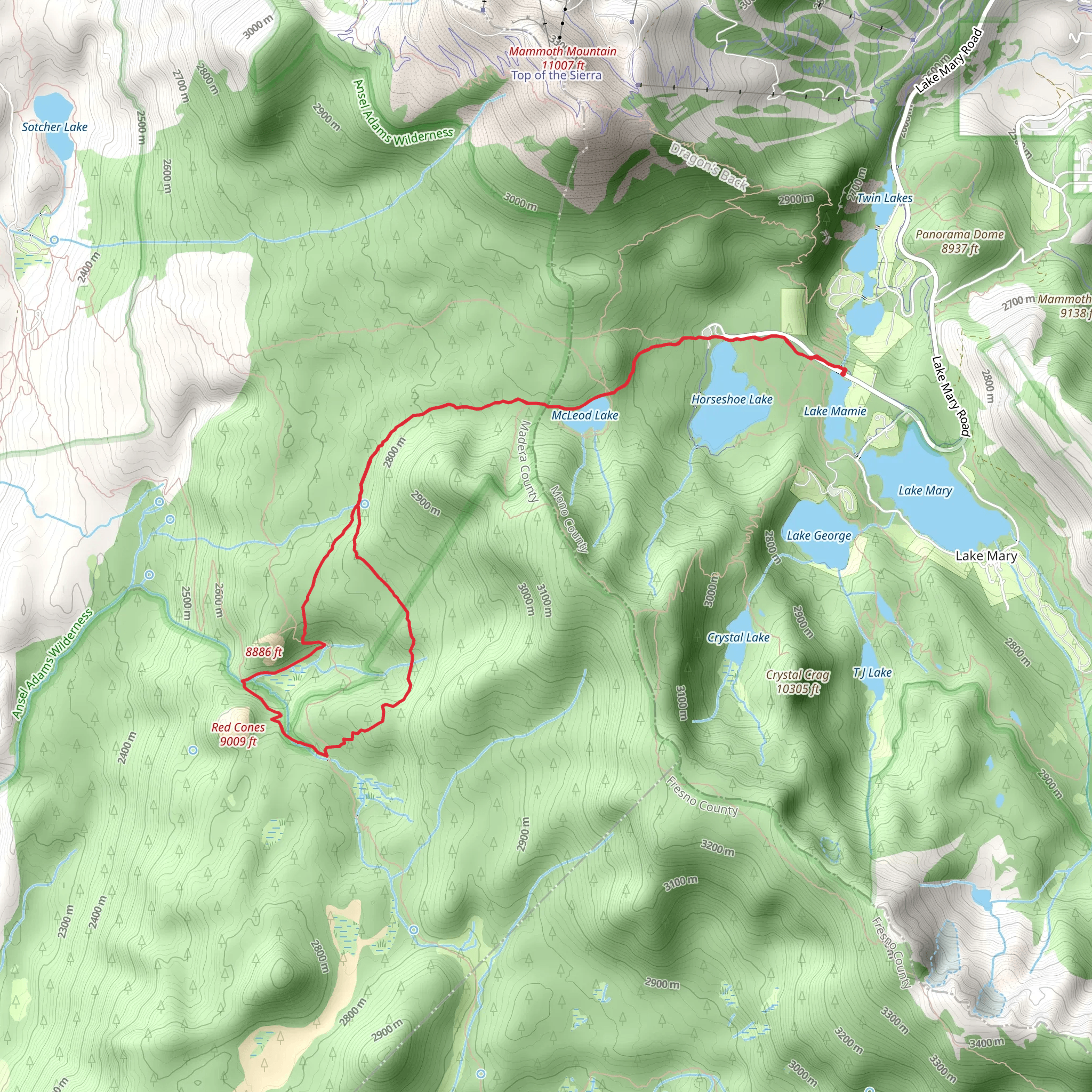 Mammoth Pass, John Muir and Red Cones Cutoff Loop Trail mobile static map
