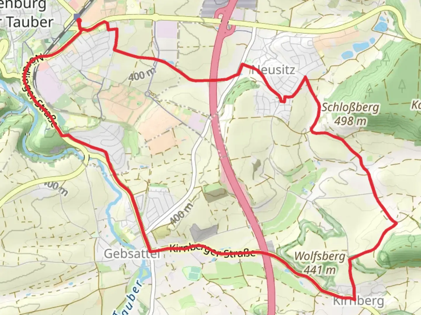 An image depicting the trail Rothenburg ob der Tauber and Gebsattel Loop and its surrounding area.