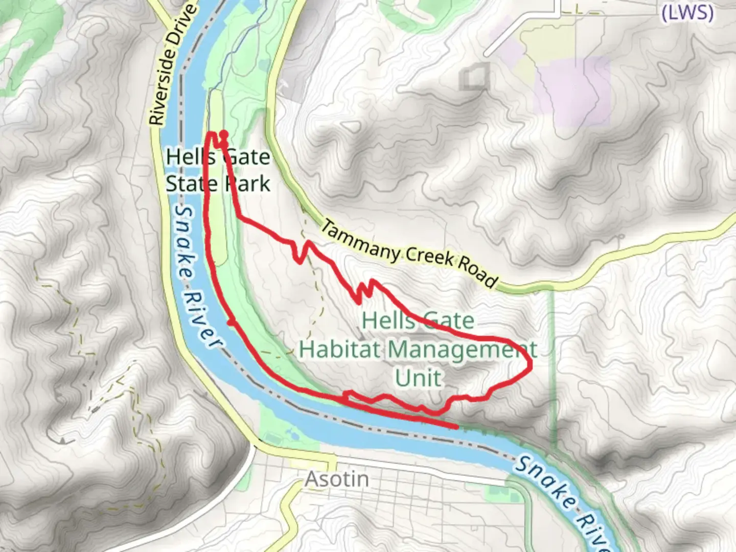 An image depicting the trail Hells Gate State Park Loop and its surrounding area.