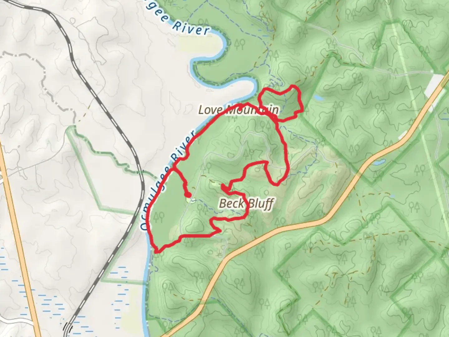 An image depicting the trail Love Mountain, Beck Bluff via River Trail and Waits Ferry Trail and its surrounding area.