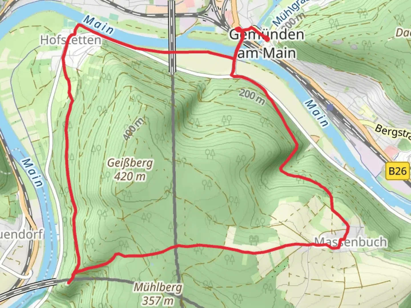 An image depicting the trail Spessartweg 1 and Fraenkischer Marienweg Route and its surrounding area.