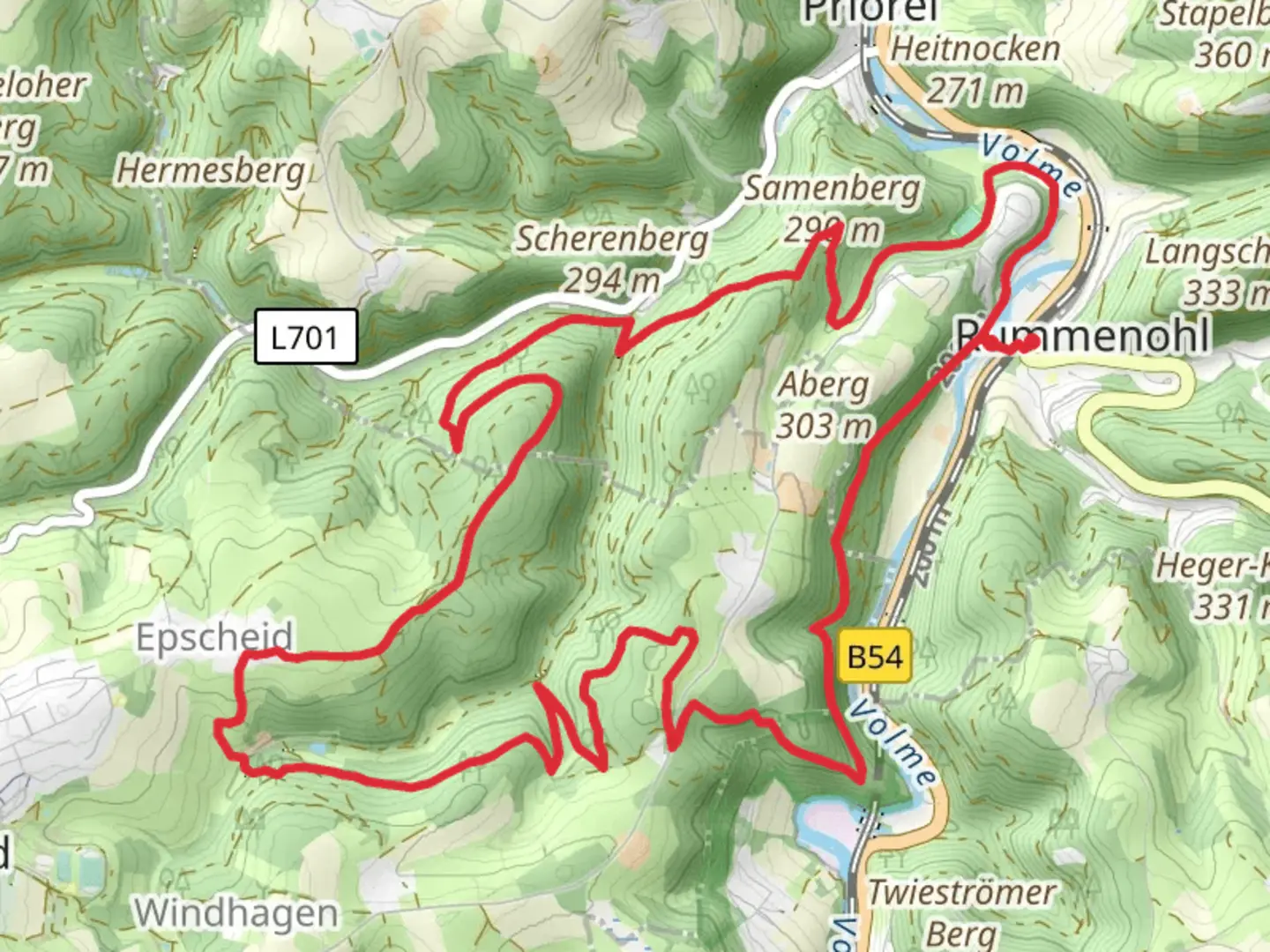 An image depicting the trail Samenberg, Reckhammer and Epscheider Mühle Loop via Rummenohl and its surrounding area.
