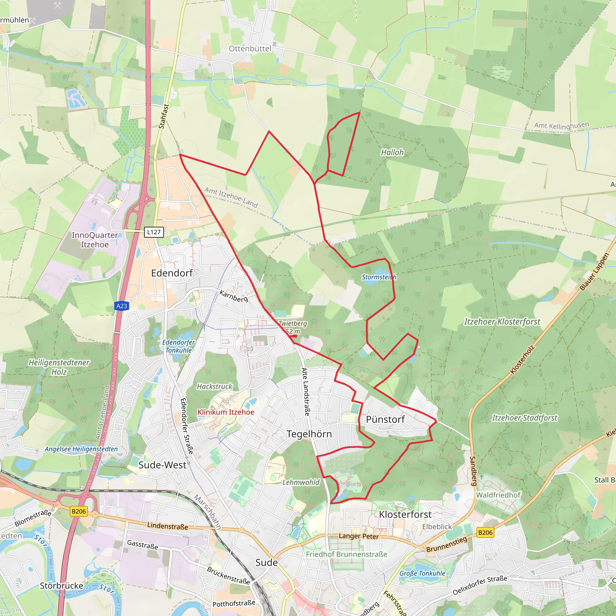 Stormsteich via Spanner Weg and Spaziergand im Stadtforst Itzehoe mobile static map