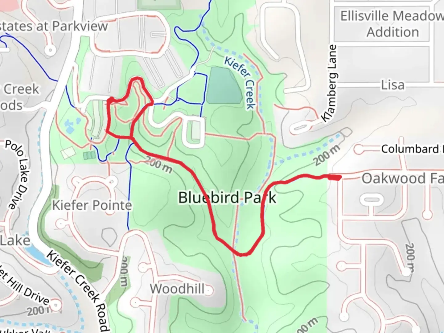 An image depicting the trail Bluebird Park Loop and its surrounding area.