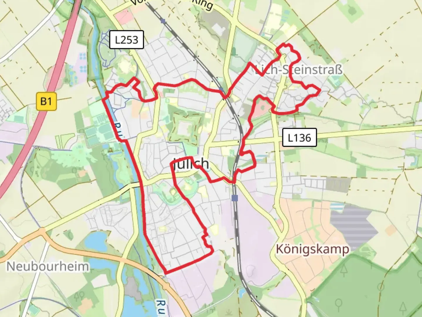 An image depicting the trail Juelich Rundweg and its surrounding area.