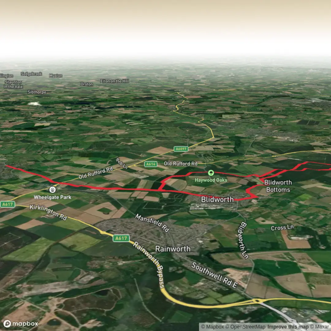 An image depicting the trail Blidworth Wood via Robin Hood Way and its surrounding area.