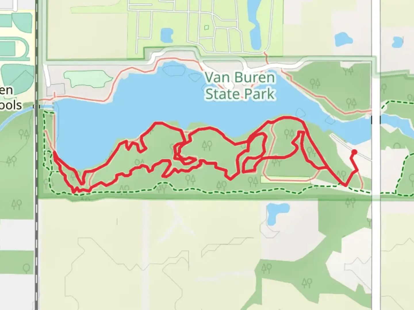 An image depicting the trail Van Buren Lake Loop and its surrounding area.