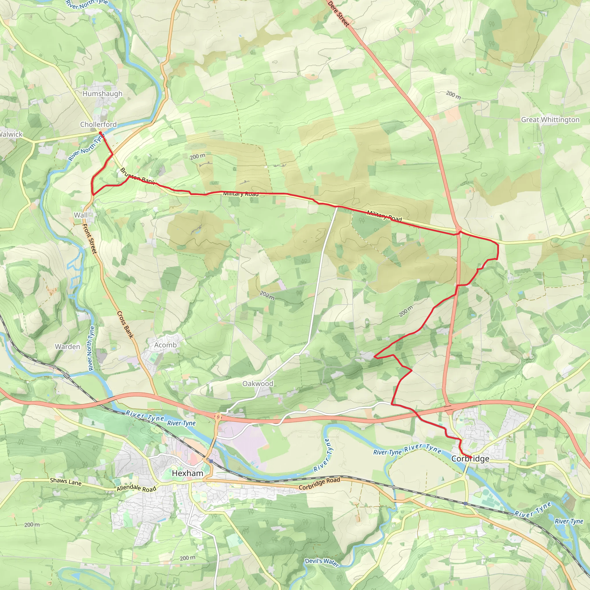 Corbridge to Chollerford Walk mobile static map