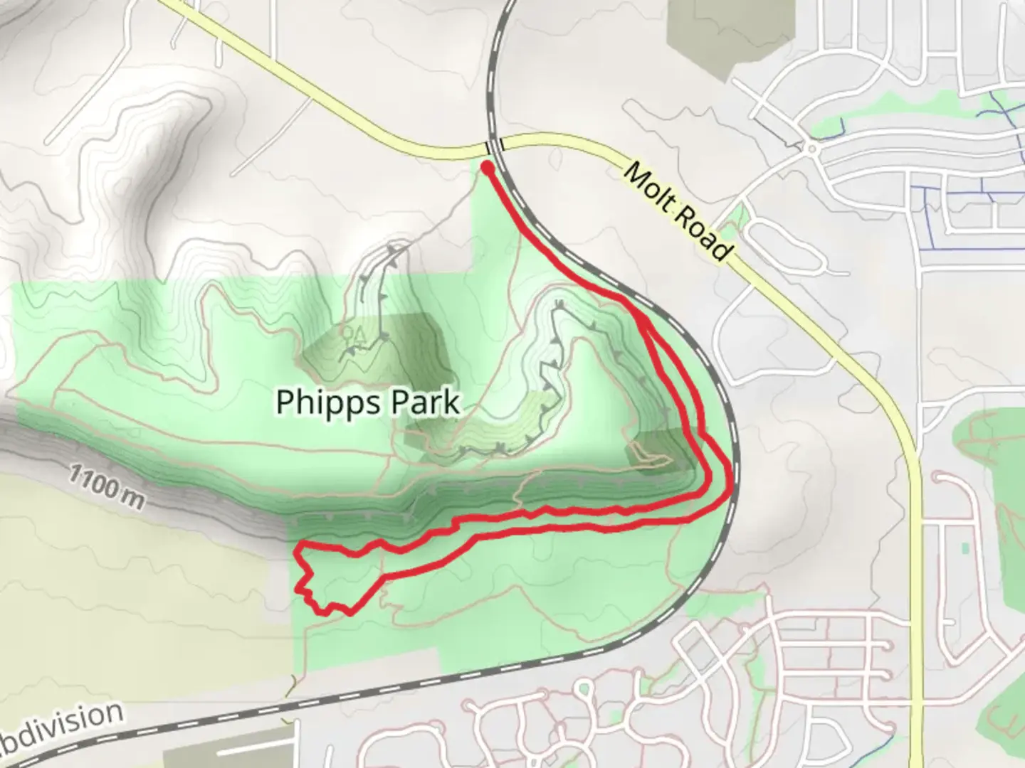 An image depicting the trail Phipps Park Southside Loop and its surrounding area.