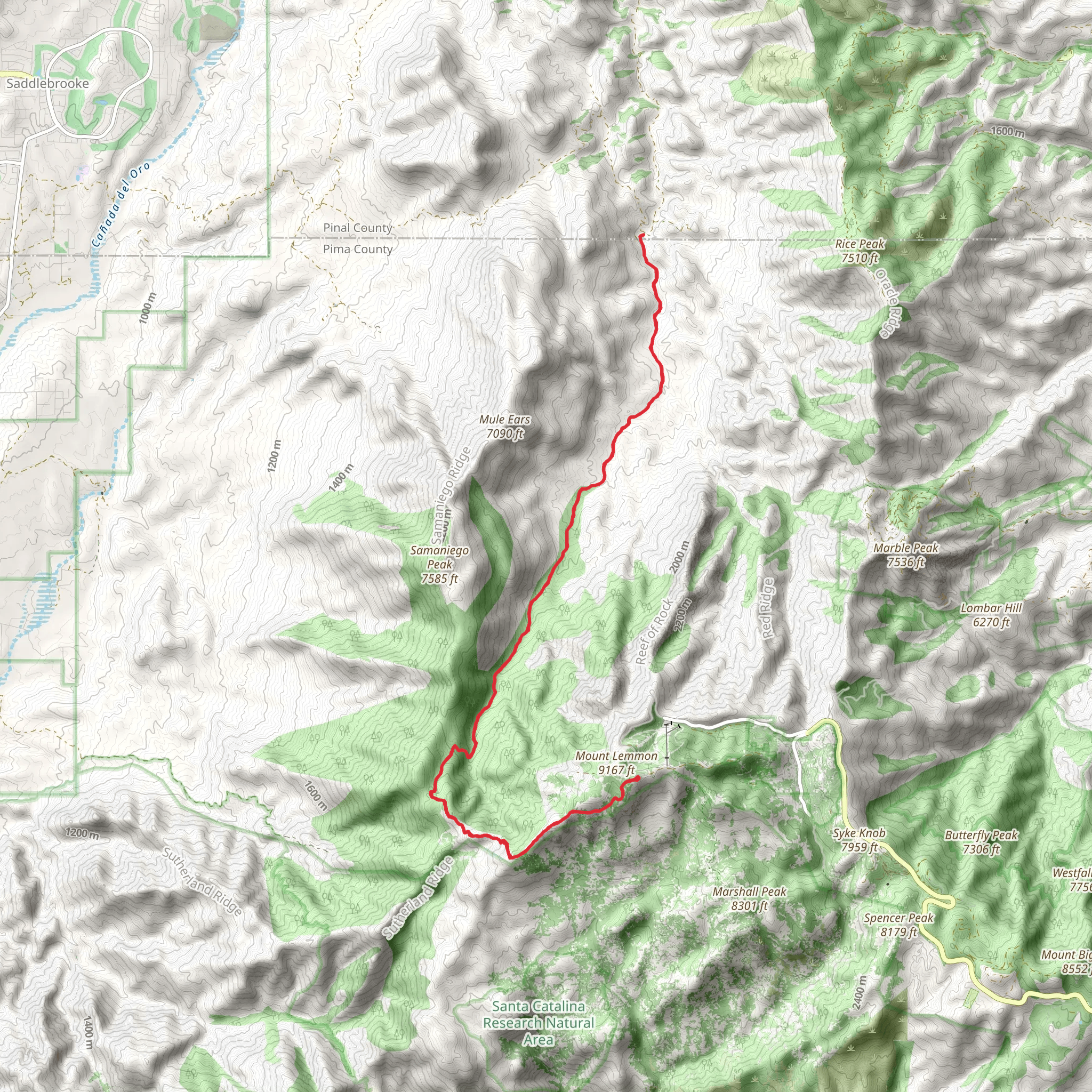 Canada del Oro Trail via Mount Lemmon Trail mobile static map
