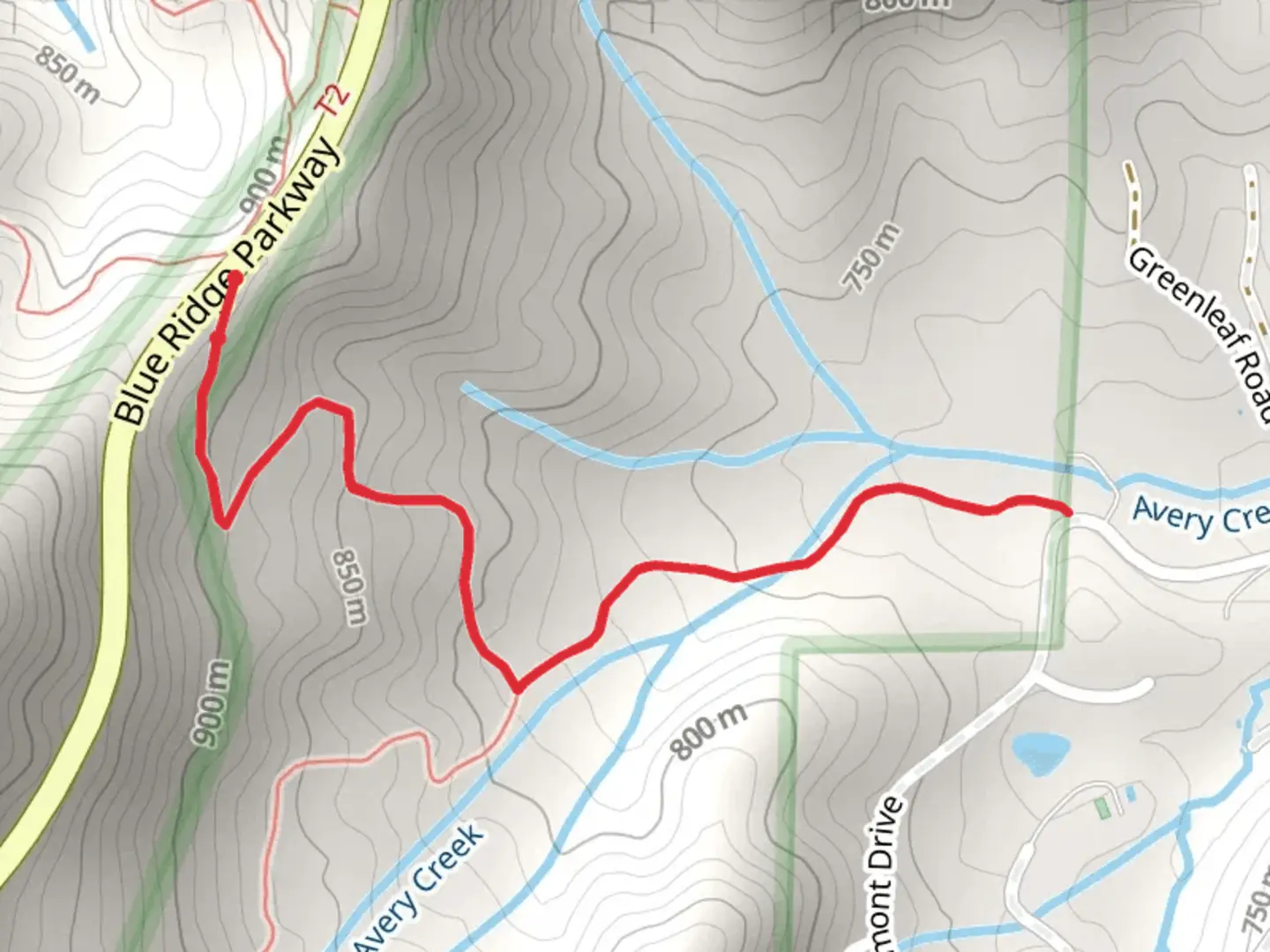An image depicting the trail Chestnut Cove Gap and Avery Creek and its surrounding area.