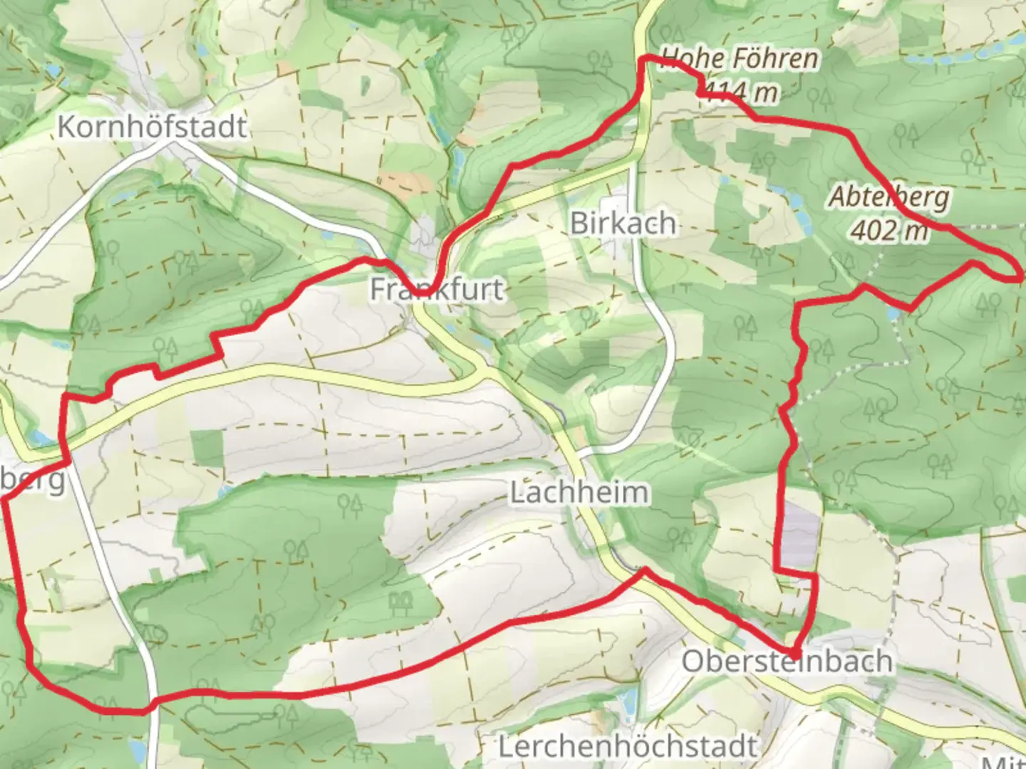 An image depicting the trail Obersteinbach and Thierberg Loop and its surrounding area.