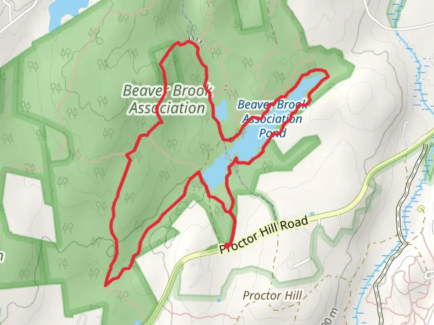 An image depicting the trail Beaver Brook Association Pond Loop from Proctor Hill Road and its surrounding area.