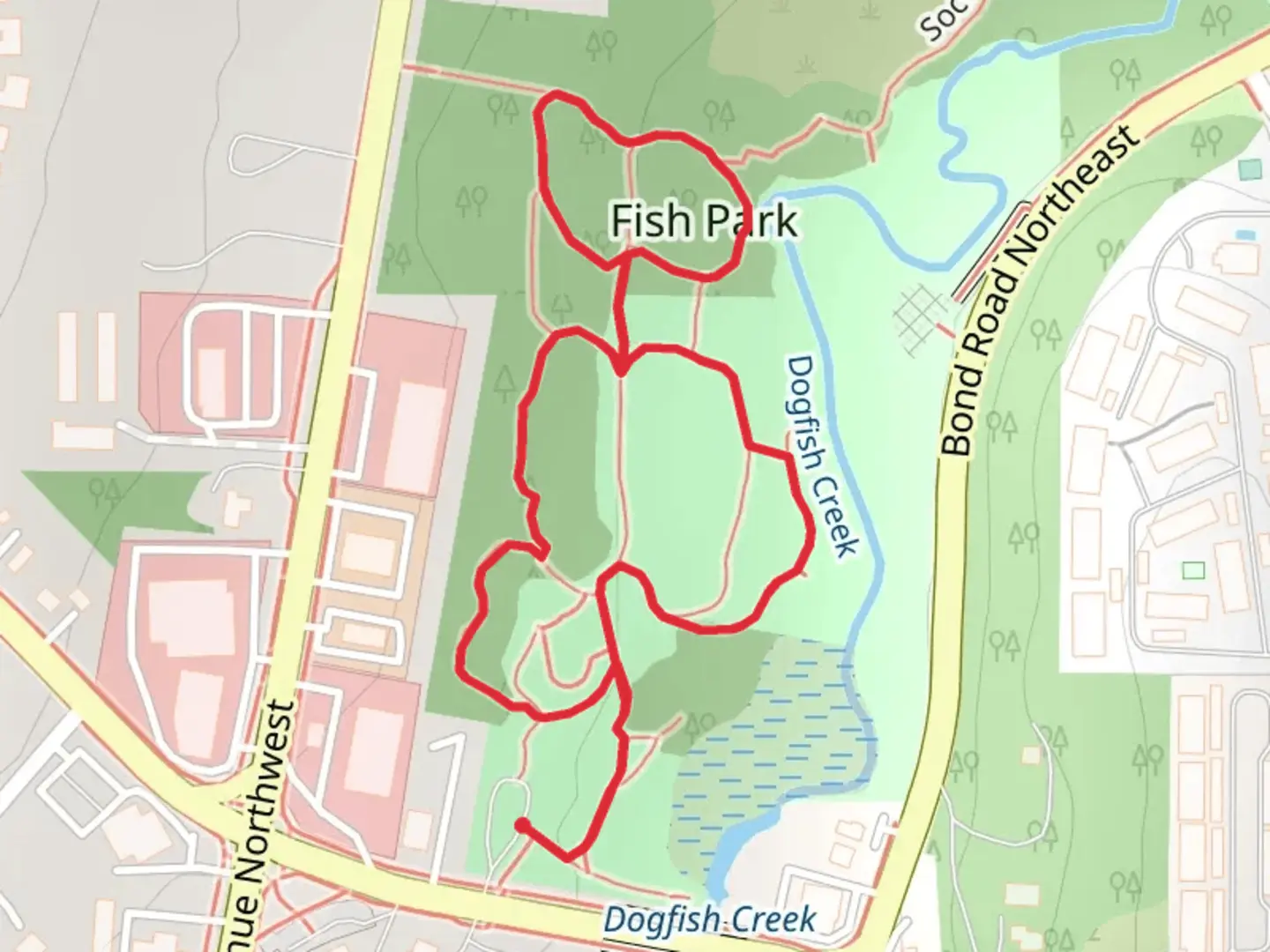 An image depicting the trail Fish Park Loop and its surrounding area.