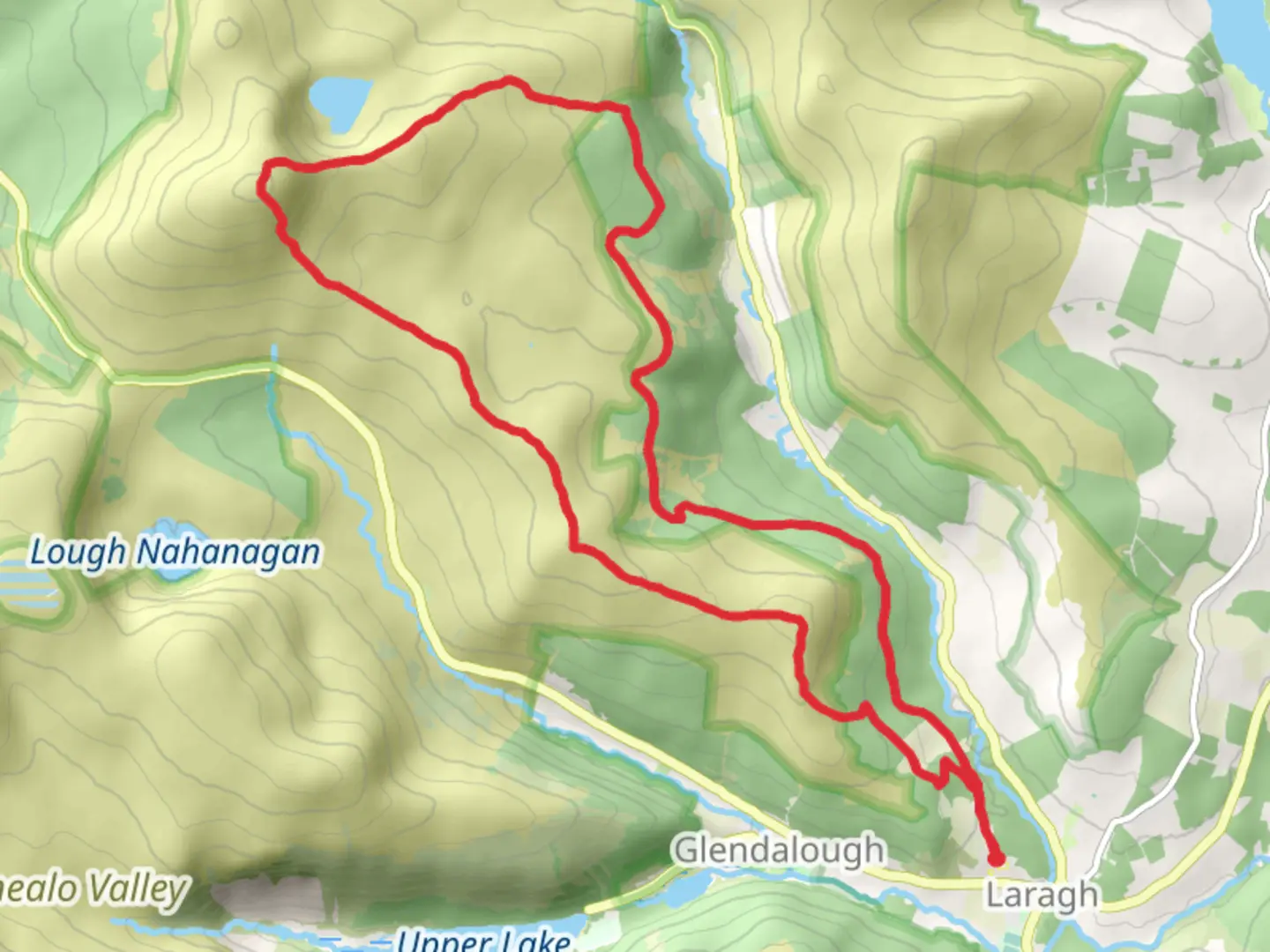 An image depicting the trail Laragh Brockagh Lane, Mall Hill, Tonelagee, Return via Brockaghs. and its surrounding area.