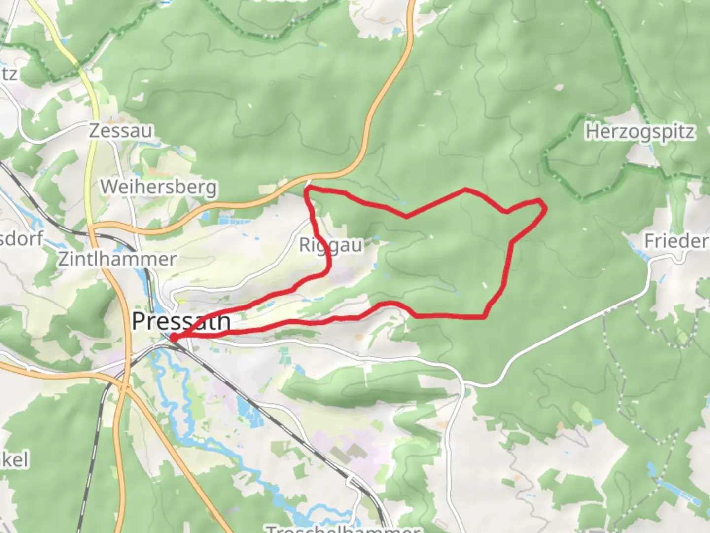 An image depicting the trail Pressath and Riggau Loop and its surrounding area.