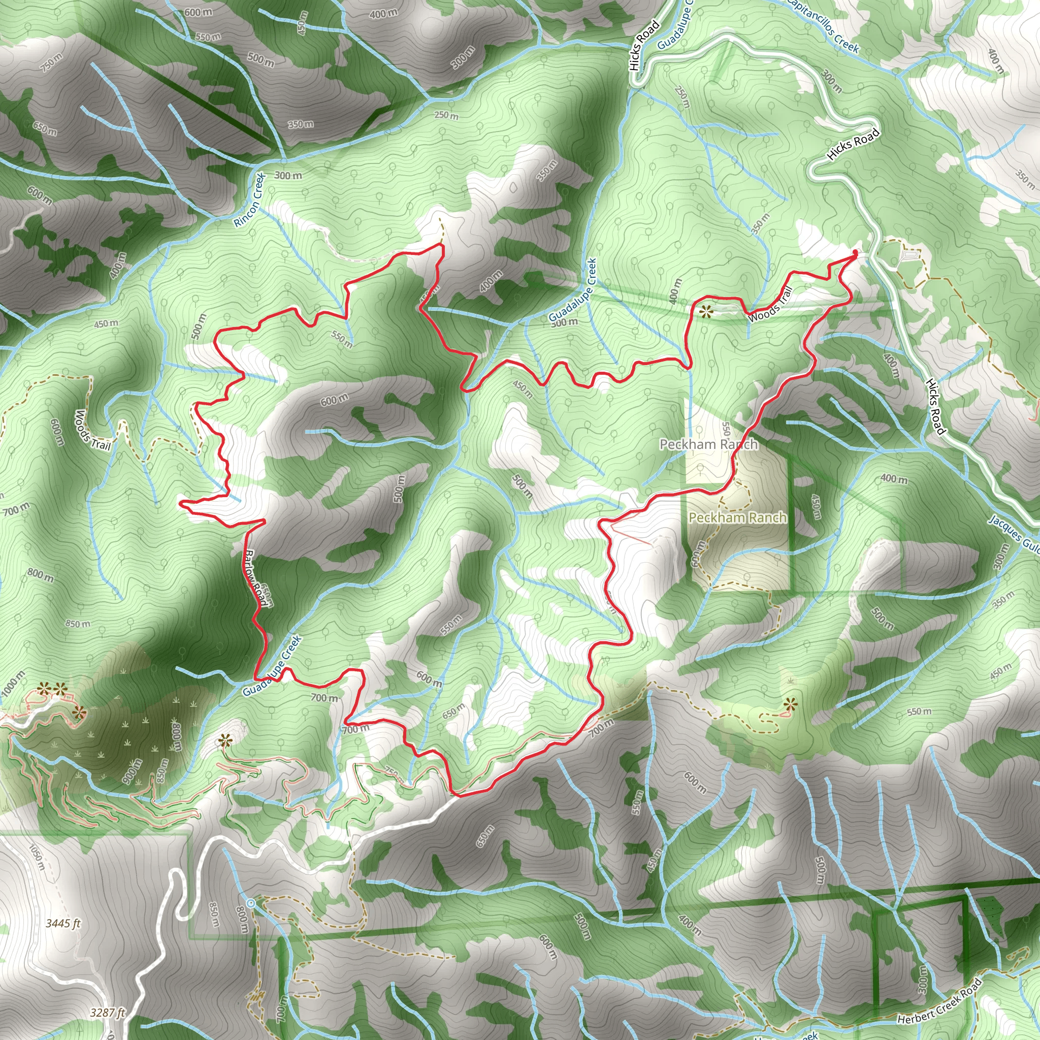 Woods Trail, Barlow Road and Mount Umunhum Road Loop mobile static map