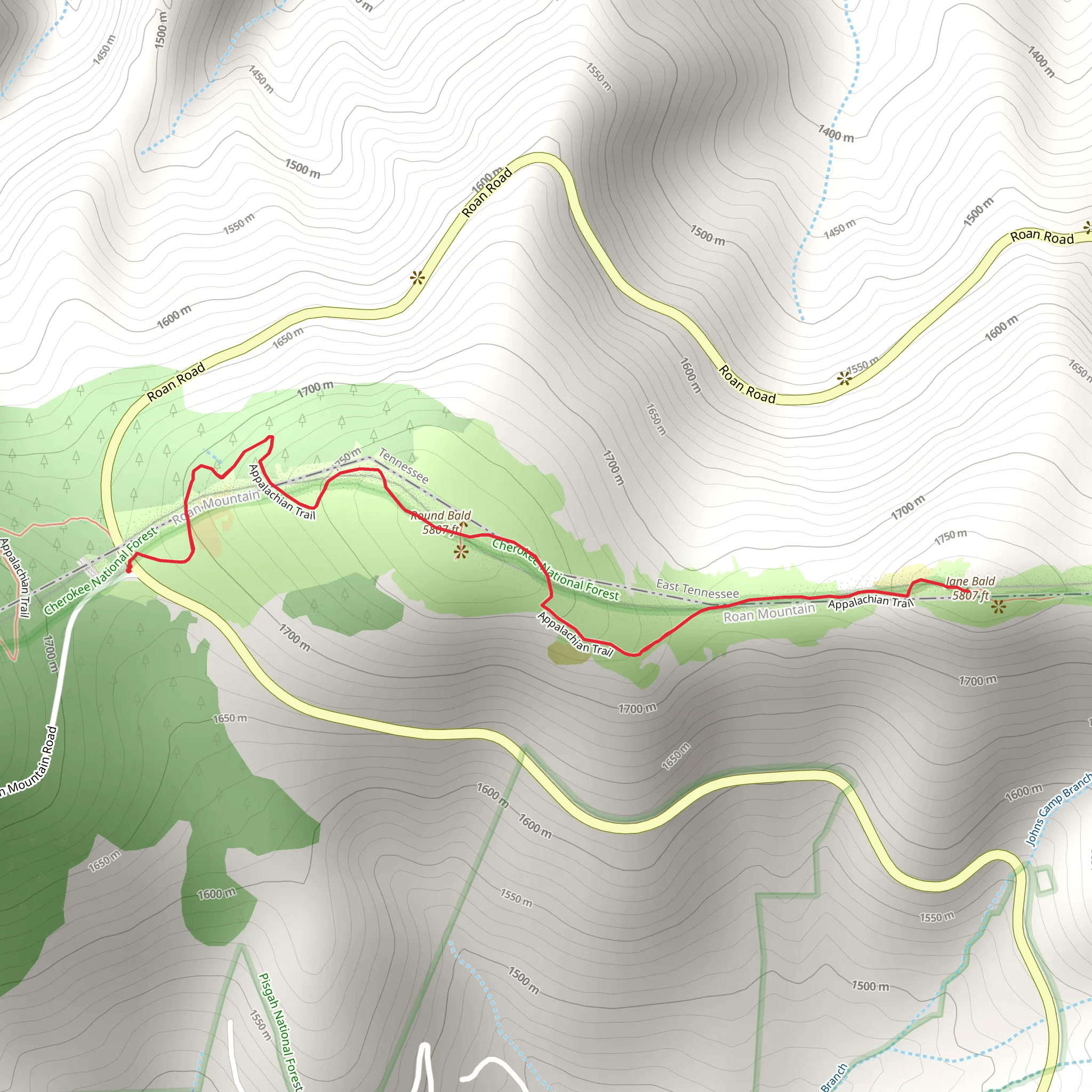 Round Bald, Jane Bald and Engine Gap via Appalachian Trail mobile static map
