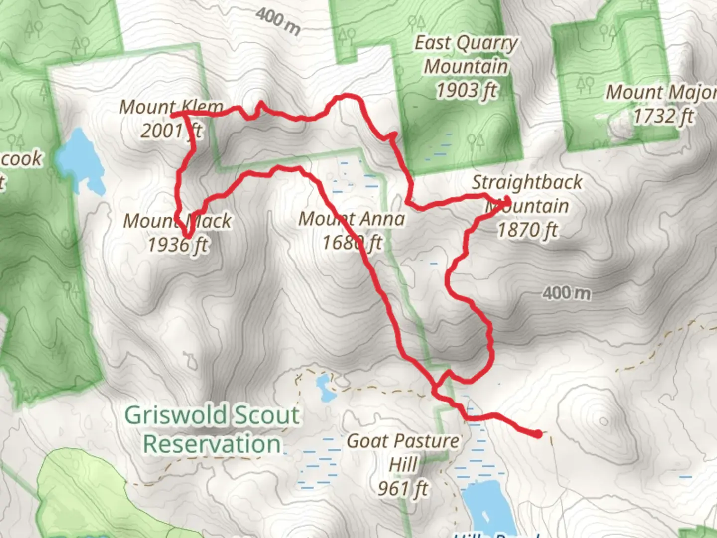 An image depicting the trail West Quarry Mountain, Mount Rand, Mount Klem and Mount Anna Loop via Belknap Range Trail and its surrounding area.