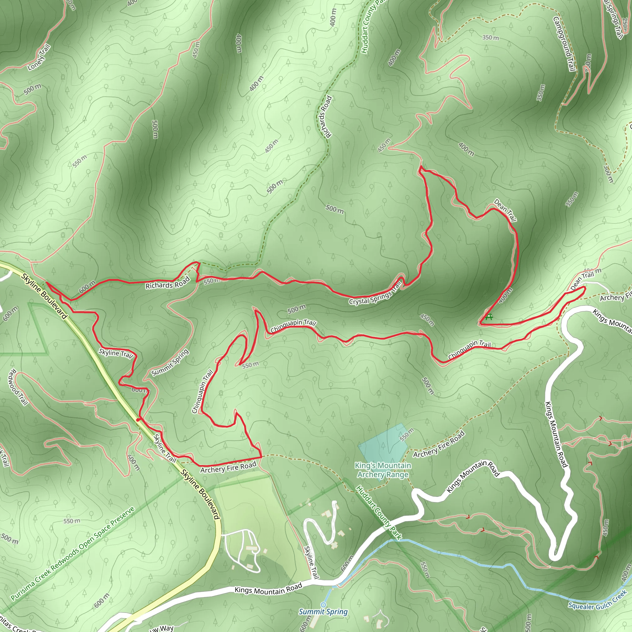 Skyline - Chinquapin - Dean - Crystal Springs Loop Trail mobile static map
