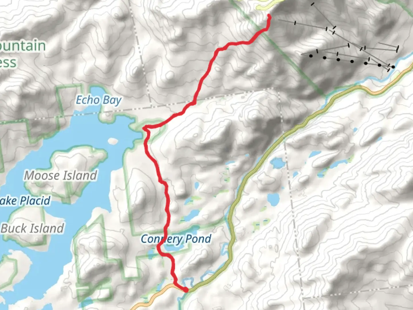 An image depicting the trail Whiteface Mountain via Connery Pond Trail and its surrounding area.