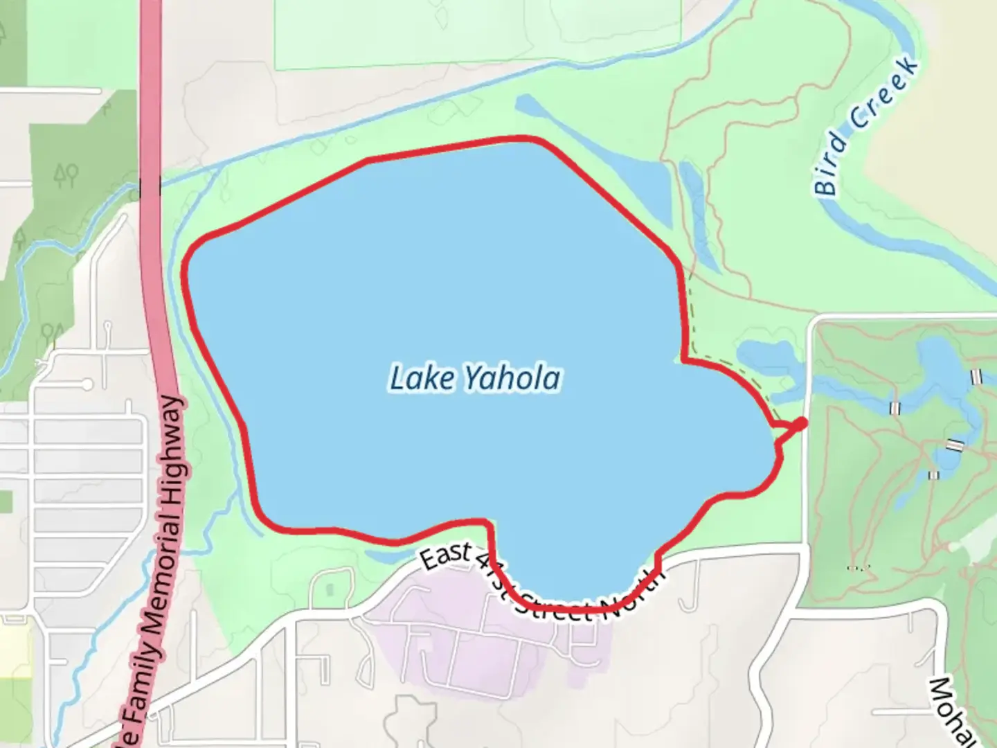 An image depicting the trail Lake Yahola Loop and its surrounding area.