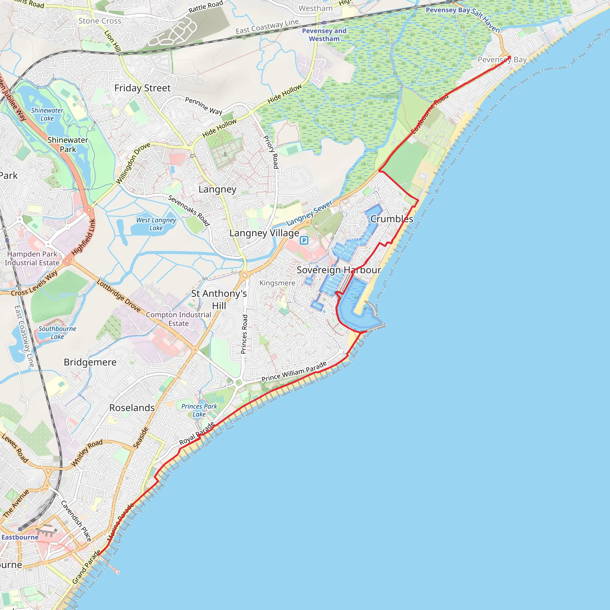 Eastbourne Pier Walk from Pevensey Bay mobile static map