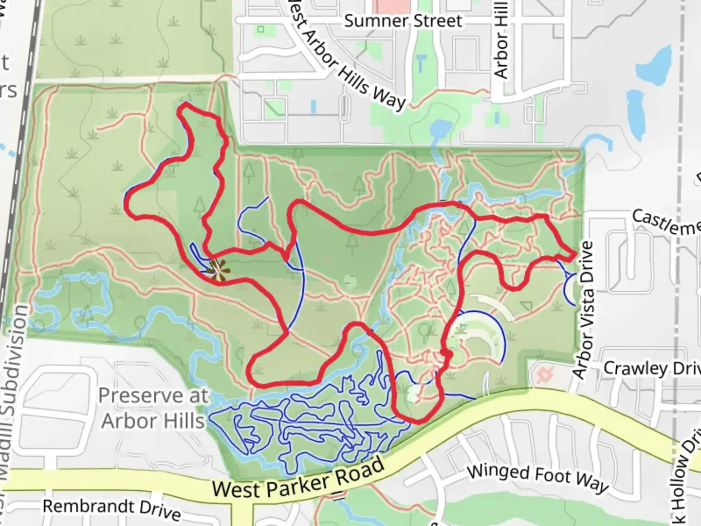An image depicting the trail Arbor Hills and Tower Trail Loop and its surrounding area.