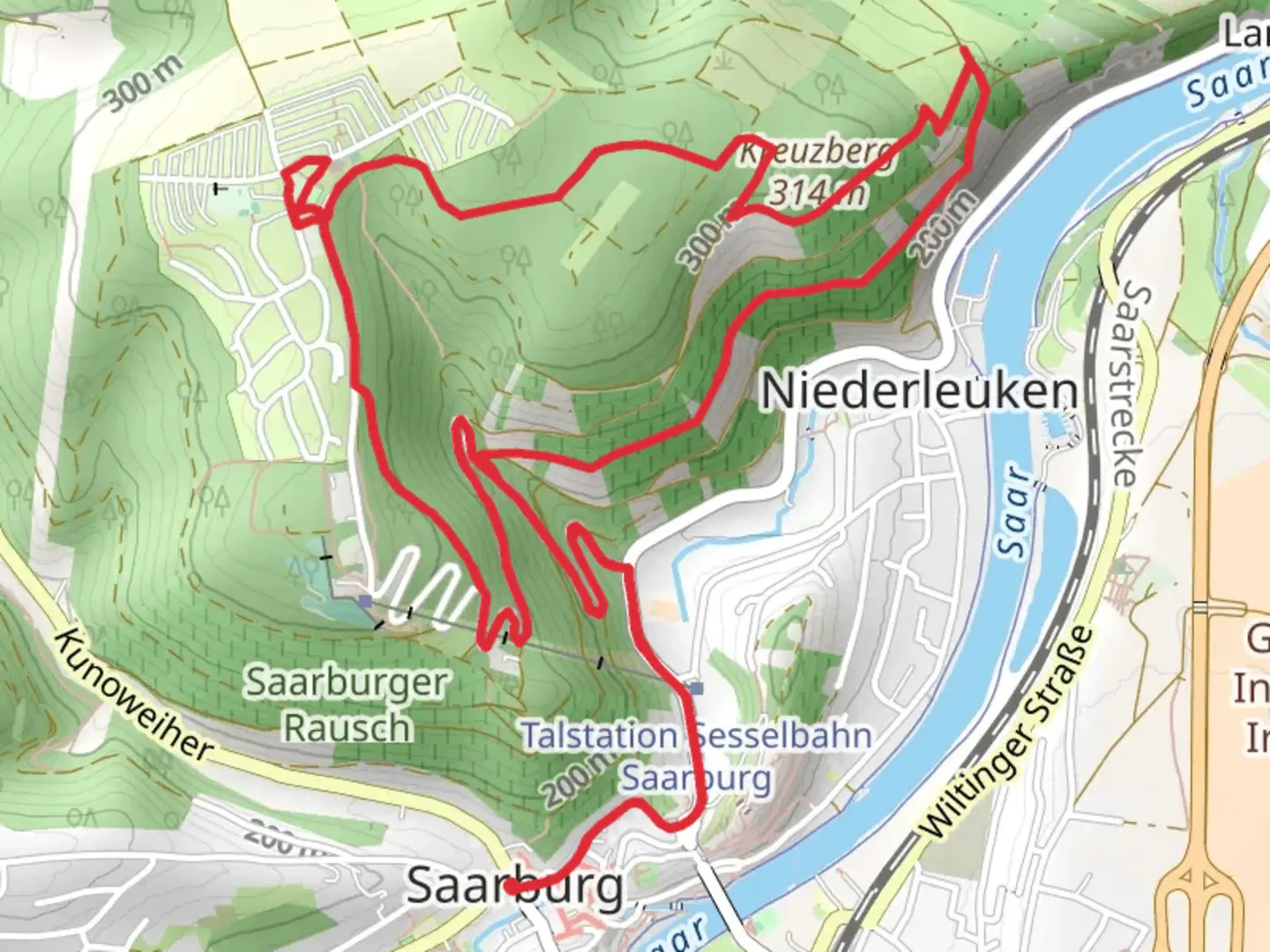 An image depicting the trail Kreuzberg and Saarburg Loop and its surrounding area.