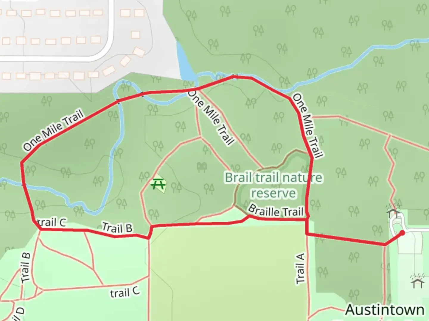 An image depicting the trail One Mile Loop Trail and its surrounding area.