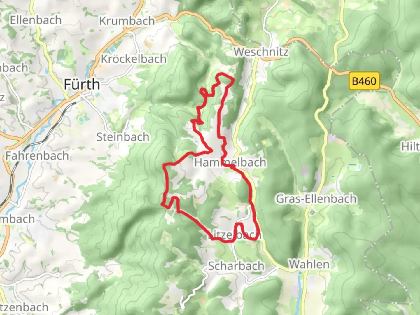 An image depicting the trail Hammelbach and Litzelbach Loop via Eselsstein and its surrounding area.