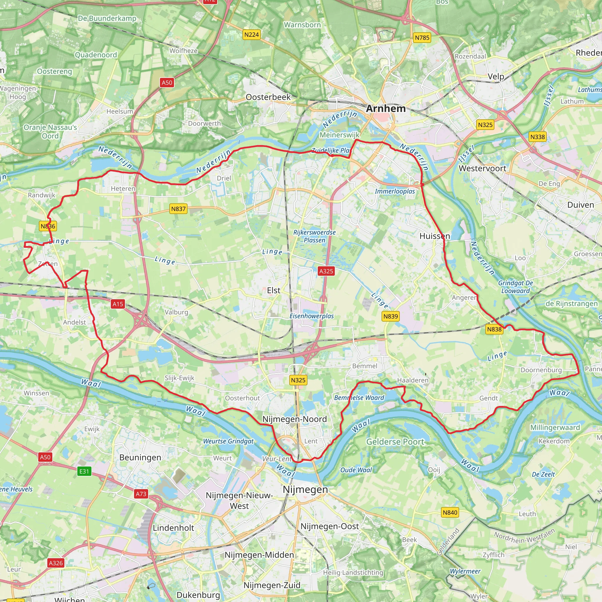 Arnhem, Bemmelsche and Plas van van Wijck via Grote Griel and Nijburgsestraat mobile static map