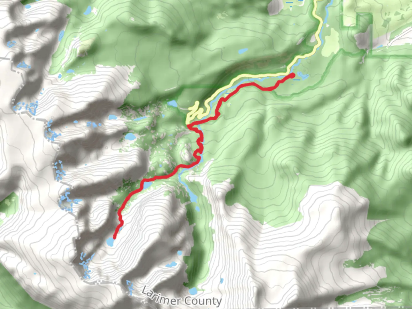 An image depicting the trail Sky Pond, Lake of Glass via Glacier Creek Trail and its surrounding area.