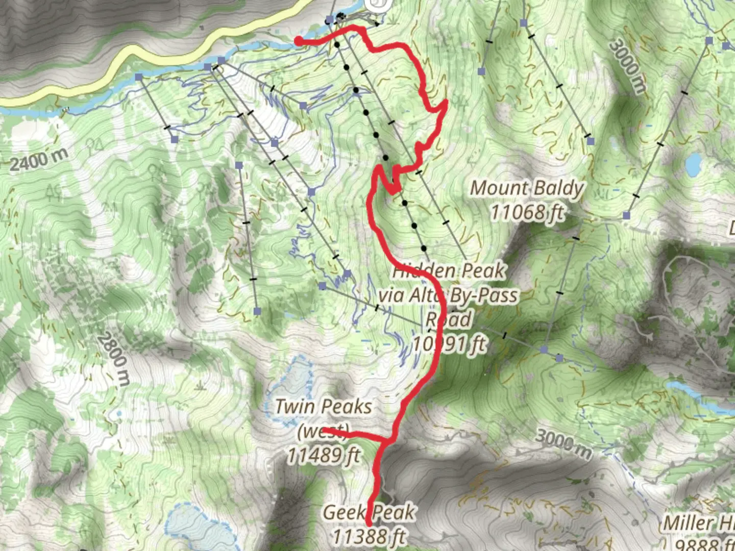 An image depicting the trail Geek Peak and Twin Peaks Trail and its surrounding area.