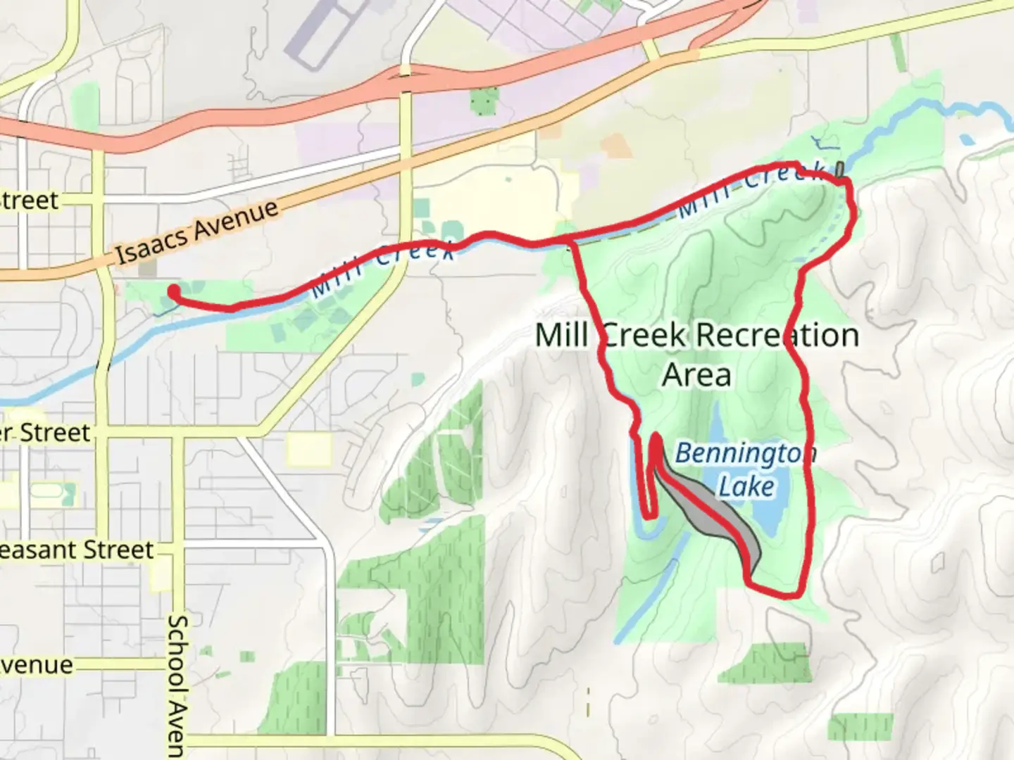 An image depicting the trail Lions Park, Bennington Lake and Diversion Canal and its surrounding area.