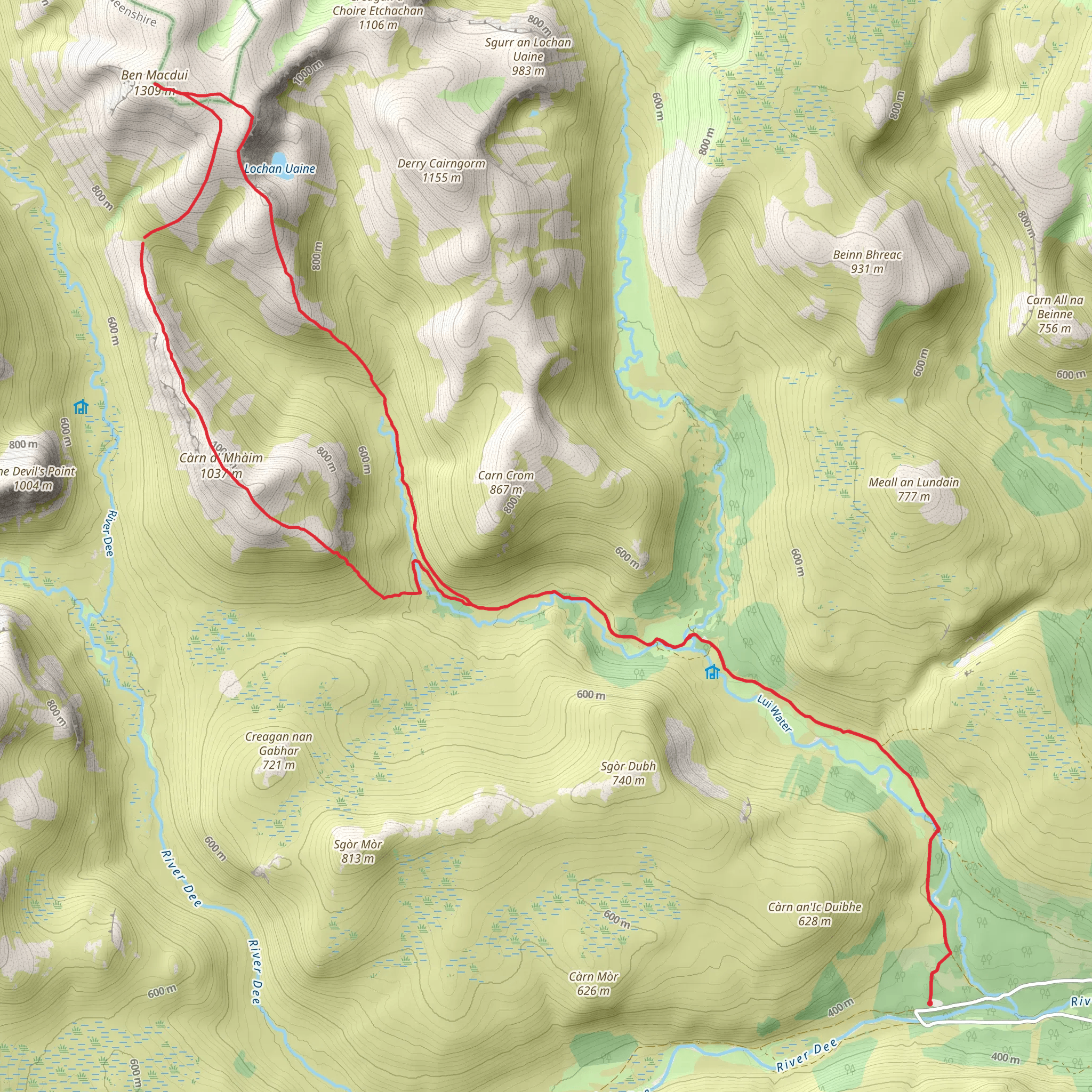 Ben Macdui - Carn a' Mhaim via Derry Lodge from Linn of Dee mobile static map