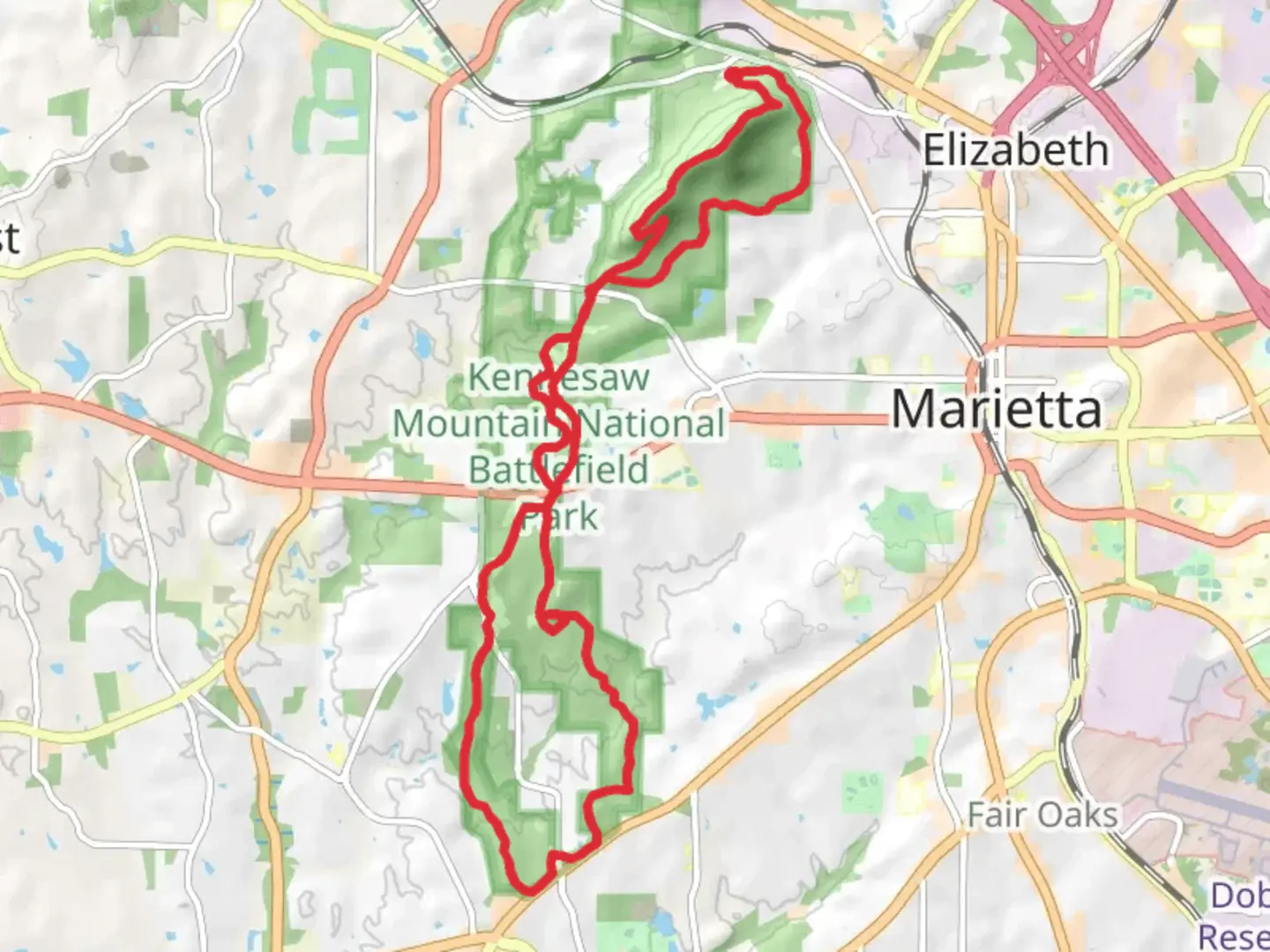 An image depicting the trail Little Kennesaw Mountain, Hardage Mill and Noses Creek Trail Loop and its surrounding area.